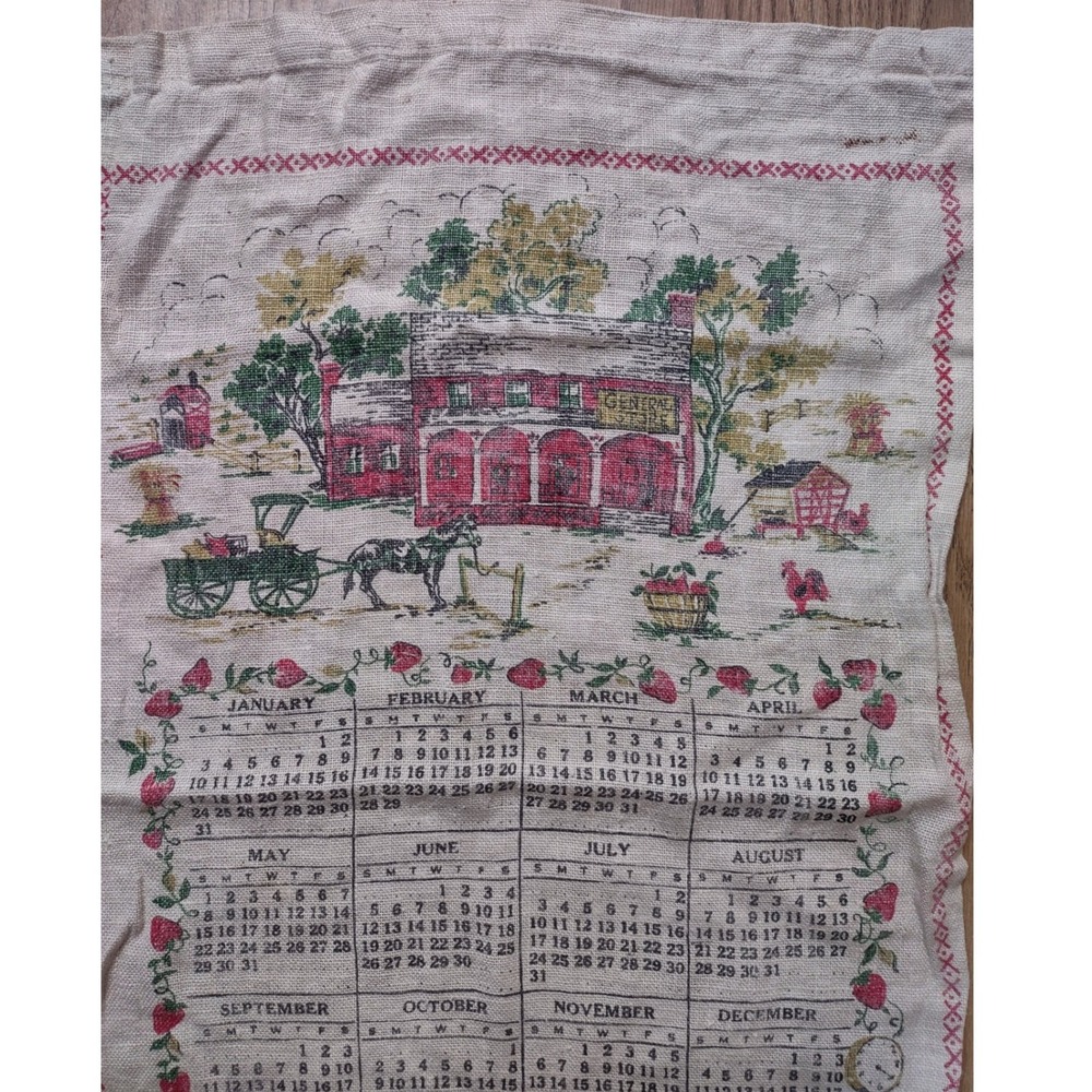 Vintage 1960 Stevens Linen Calendar Kitchen Tea Towel General Store Americana